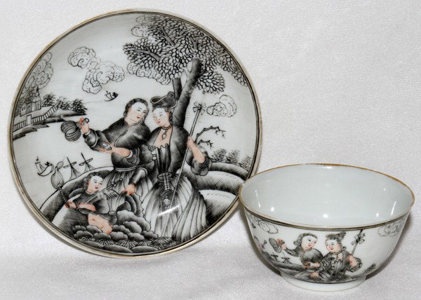 CHINESE EXPORT EN GRISAILLE CUP & SAUCER, : CHINESE EXPORT PORCELAIN EN GRISAILLE CUP & SAUCER, C. 1750, H 4 3/4":Qianlong en grisaille. Two romantic figures and cupid in a boat. Cherub on clouds holding torch and sword. Handle less cup.