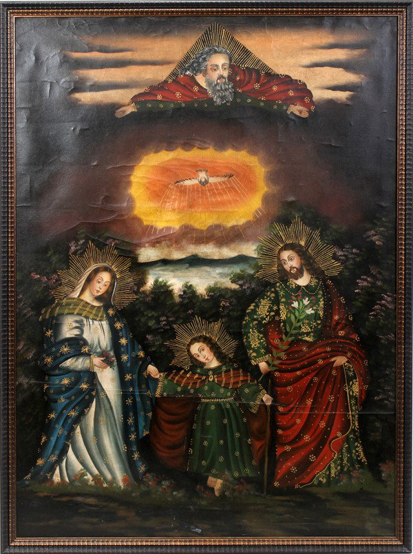 CUBAN OIL/CANVAS, 46" X 35", JESUS, MARY & : CUBAN OIL ON CANVAS, 46" X 35", JESUS, MARY & JOSEPH:Framed but unsigned.