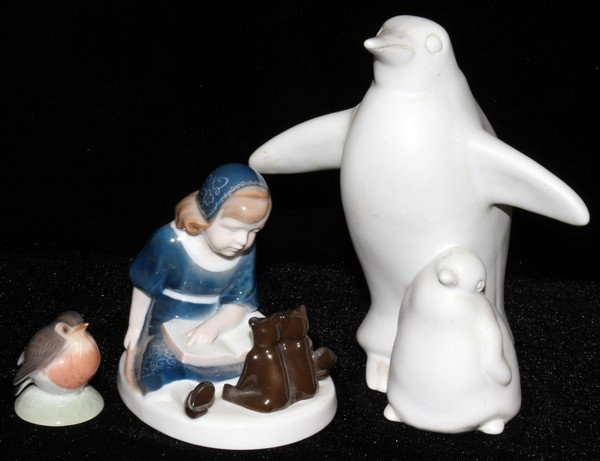 ROSENTHAL FIGURE, 'GREETING', H 3 3/4", : ROSENTHAL FIGURE, 'GREETING', H 3 3/4", GUSTAVSBERG PENGUIN & COPENHAGEN BIRD:Including 1 Rosenthal figure of a girl, H.3 3/4"; 1 Gustavsberg figure of a penguin, made in Sweden, H.6"; and 1 Royal Cop