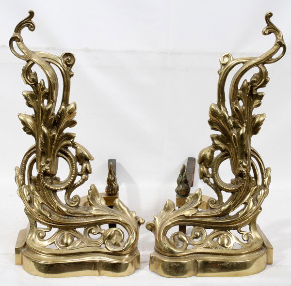 FRENCH STYLE BRASS CHENETS, PAIR, H 17", W 10": FRENCH STYLE BRASS CHENETS, PAIR, H 17", W 10":Acanthus leaf and bell flower design. 17 1/2" Circa 1930.