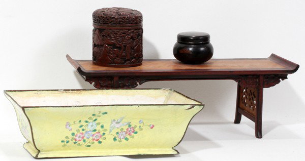 CHINESE CINNABAR BOX, 19TH C., H 3", DIA 3",: CHINESE CINNABAR BOX, 19TH C., H 3", DIA 3", TEAKWOOD STAND & PLANTER:Chinese items include 1 antique cinnabar cylindrical jar, H.3 1/2", Dia.3 1/4"; 1 teakwood stand, H.4 3/4" x 17"; 1 yellow enamel
