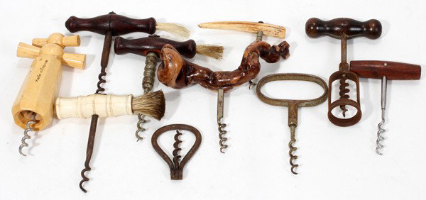 COLLECTION OF ANTIQUE CORKSCREWS (18): COLLECTION OF ANTIQUE CORKSCREWS (18):Including bone, ivory and wood. IVORY CAN NOT BE SHIPPED OUTSIDE OF THE CONTINENTAL UNITED STATES.