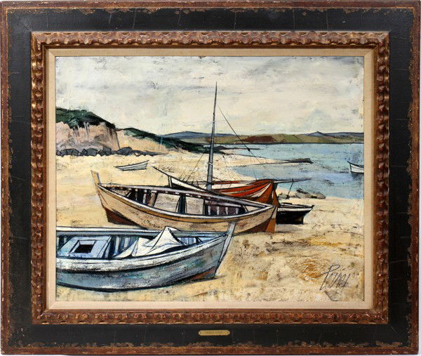 CHARLES LEVIER OIL ON CANVAS, 24" X 30",: CHARLES LEVIER (FRENCH, 1920-2003), OIL ON CANVAS, 24" X 30", SAILBOATS ON A BEACH:Painting portrays several sailboats pulled onto the beach, signed at the lower right. The painted frame includes an a