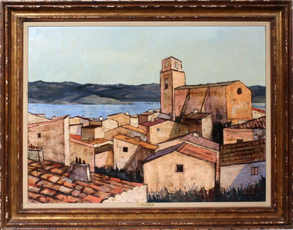 CHARLES LEVIER OIL ON CANVAS, 30" X 41": CHARLES LEVIER (FRENCH, 1920-2003), OIL ON CANVAS, 30" X 41" 'VILLAGE EN CORTE':Image depicts a French village, with buildings of sandy peach tones. Signed at the lower right, titled and signed on the