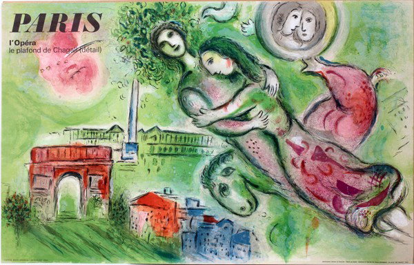 AFTER MARC CHAGALL LITHO BY CHARLES SORLIER: AFTER MARC CHAGALL, COLOR LITHOGRAPH BY CHARLES SORLIER, 1964, 25 7/8" X 39", "ROMEO AND JULIET":Color lithograph, edition of 5,000, by Charles Sorlier. Printed by Mourlot, Paris and published by the 