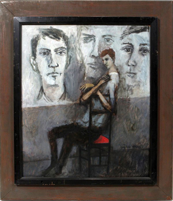 DAVID PRYOR ADICKES, OIL ON MASONITE, 1953,: DAVID PRYOR ADICKES, OIL ON MASONITE, 1953, 22" X 19", SKETCH FOR A MURAL: AMERICAN B. 1927:Signed and dated lower right; seated man; inscribed, signed and dated on verso; framed.