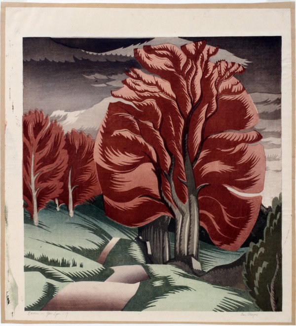 IAN CHEYNE, COLOR WOODCUT, 13" X 12", 1917, : IAN CHEYNE, COLOR WOODCUT, 13" X 12", 1917, "BEECHES IN GLEN LYON": SCOTTISH 1895-1955:Pencil signed and dated; unframed.