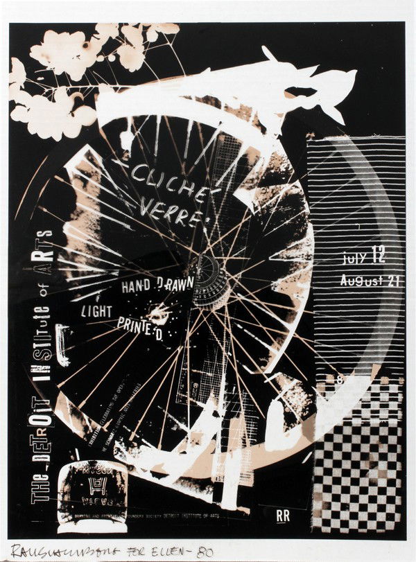 ROBERT RAUSCHENBERG, LITHOGRAPH ON MYLAR, 1980,: ROBERT RAUSCHENBERG, LITHOGRAPH ON MYLAR, 1980, 22 3/4" X 18", "CLICHÉ VERRE":Done for a Detroit Institute of Arts exhibition, July 12 to August 21, 1980; signed by Rauschenberg; inscribed "For Ellen