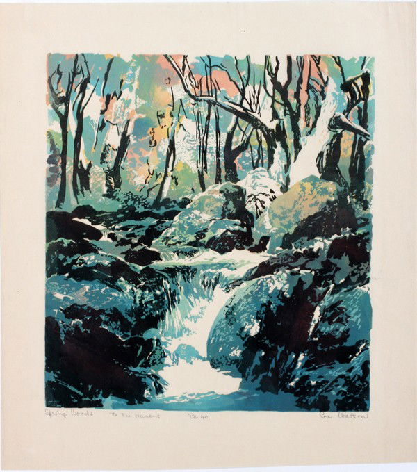 EVA WATSON, MODERN COLOR LINOCUT, 12" X 11",: EVA WATSON, MODERN COLOR LINOCUT, 12" X 11", "SPRING WOODS":Edition of 40; pencil signed; inscribed "To the Havens"; unframed.