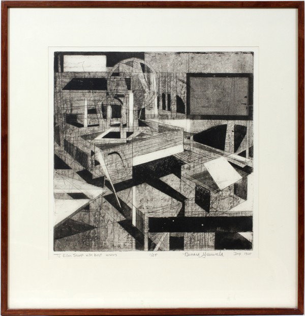 BERNARD GREENWALD, AMERICAN ETCHING, 1965, 17": BERNARD GREENWALD, AMERICAN ETCHING, 1965, 17" X 17", UNTITLED COMPOSITION:Pencil signed and marked, "To Ellen Sharp with best wishes"; #1/25; framed.