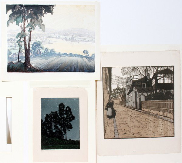 PAREINOLL, C MARTIN & MORITZ B H. PRETZSCH, : PAREINOLL, CONRAD MARTIN & MORITZ BERNHARD H. PRETZSCH, 3 MODERN WOODCUTS, 12" X 9" - 20" X 20":Pareinoll, Dutch mother and child on street, 20" x 20"; Conrad Martin, "Canadian Mountains", pencil sign