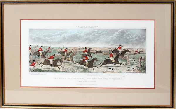 AFTER SIR JOHN DEAN PAUL POSTHUMOUS RESTRIKE, : AFTER SIR JOHN DEAN PAUL [ENGLISH, 1775-1852] HAND COLORED POSTHUMOUS RESTRIKE, 8 1/2" X 22":The first ten minutes shaking of the cocktails. Framed. 21" x 32 1/2" frame size. W. King Ambler label.