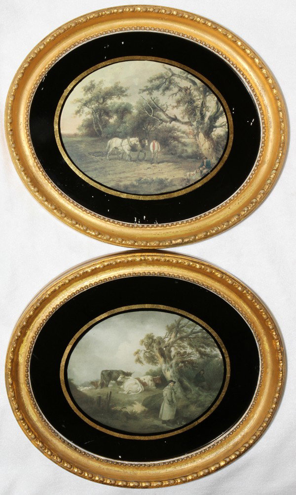 AFTER GEORGE MORLAND, PRINTS IN GILT FRAMES, 2: AFTER GEORGE MORLAND, PRINTS IN GILT FRAMES, TWO, 4" X 5" (IMAGE):Each print is within an antique oval gilt frame; Hare & Whitley label on the verso. From the Collection of Bruce and Denise Wayne, Bev