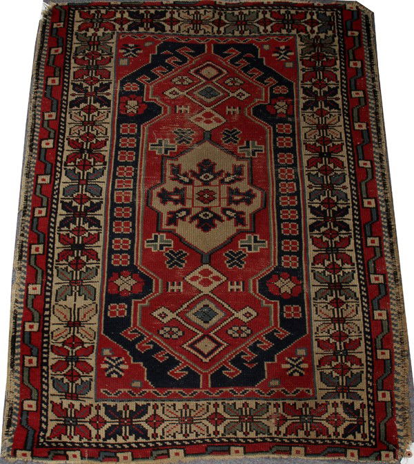 TURKISH BARGAMA WOOL PRAYER RUG, ANTIQUE,: TURKISH BARGAMA WOOL PRAYER RUG, ANTIQUE, 2' 10" X 3' 10":Beige ground with designs in red, blue and black.