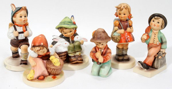 HUMMEL FIGURINES, 'PLAYMATES', MERRY WANDERER',: HUMMEL PORCELAIN FIGURINES, 'PLAYMATES', MERRY WANDERER', ETC., LATE 20TH C, 6 PCS., H 3" - 4":includes: 'Playmates', Hum 58, 3 3/4" H; 'Little Tooter' Hum 214, 3 1/8" H; 'Chick Girl', Hum 57, 3 1/4"