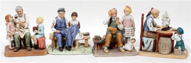 NORMAN ROCKWELL PORCELAIN FIGURINES, 'COBBLER": NORMAN ROCKWELL PORCELAIN FIGURINES, 'COBBLER", 'THE TOY MAKERS", ETC., 3 PCS., W 5", L 5":includes: 'The Toymaker', 'Lighthouse Keepers Daughter' and 'The Cobbler' plus one damaged not in count: 'For