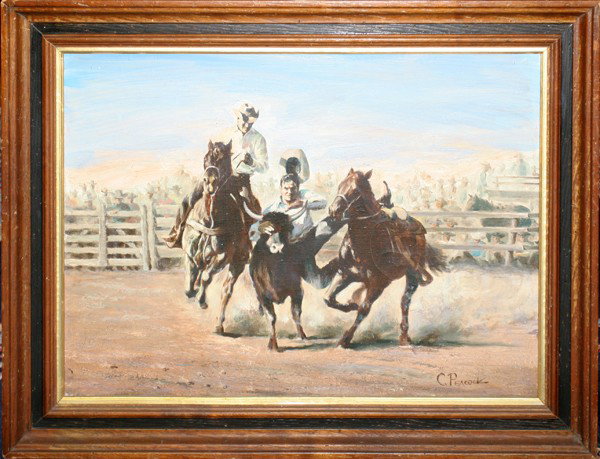 C. PEACOCK OIL ON CANVAS, 'CALGARY STAMPEDE': C. PEACOCK (AMERICAN B 1953), OIL ON CANVAS, 18" X 24", 'CALGARY STAMPEDE':Depicting a scene from the Calgary Stampede, an annual rodeo event held in Alberta, Canada, with a cowboy on horseback attemp