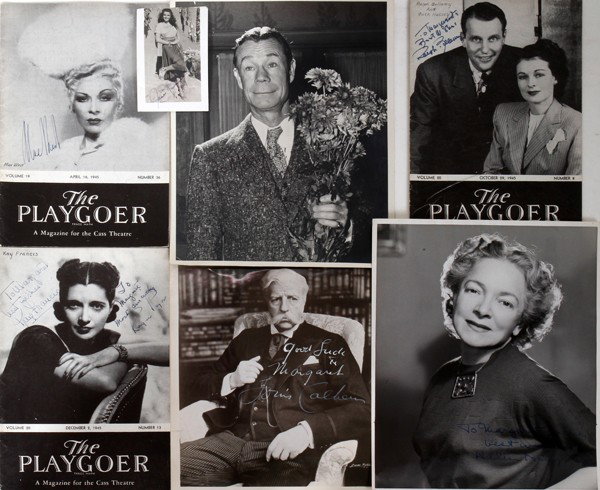 CELEBRITY AUTOGRAPHS INCLUDING MAE WEST, 26 : COLLECTION OF CELEBRITY AUTOGRAPHS INCLUDING MAE WEST, JOE. E. BROWN, & JANE RUSSELL, 26 SIGNATURES:A collection of 26 autographs, primarily on playbills ("The Playgoer: A Magazine for the Cass Theatr