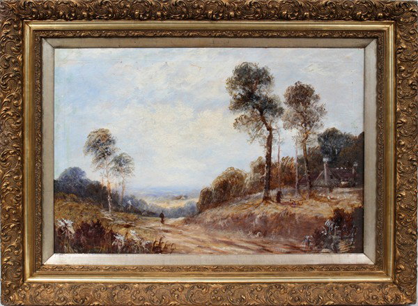 JOEL OWEN, OIL ON CANVAS, 20" X 30", LANDSCAPE : JOEL OWEN, OIL ON CANVAS, 20" X 30", LANDSCAPE WITH FARMHOUSE: BRITISH ACT. 1892-1931:Signed lower right. Gilt wood frame.