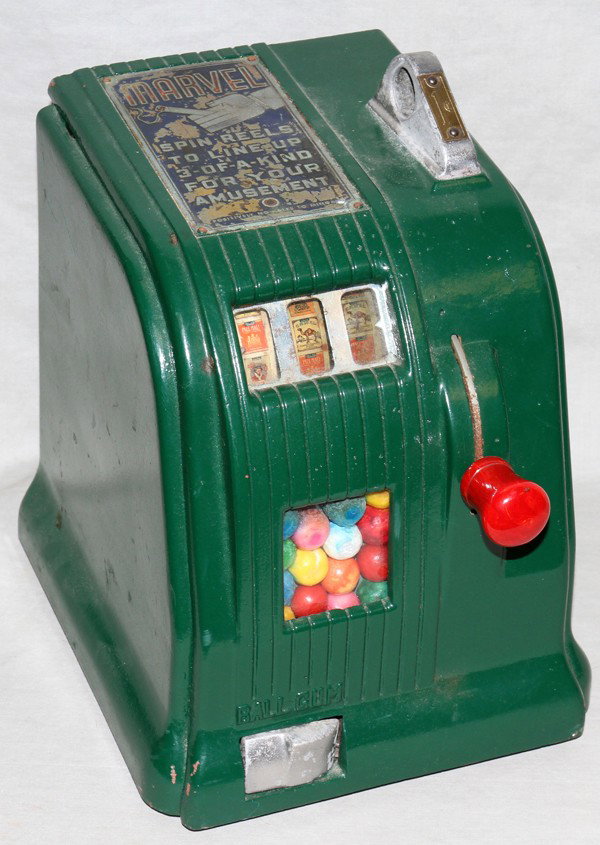 MARVEL, 1 CENT, GUMBALL MACHINE, H 11", W 8": MARVEL, 1 CENT, GUMBALL MACHINE, H 11", W 8":repainted green, 1 cent coins;