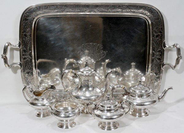 GORHAM STERLING COFFEE & TEA SET WITH TRAY,: GORHAM STERLING COFFEE & TEA SET WITH STERLING TRAY, L 32", PATTERN A7352:The sterling silver service includes 1 coffee pot, H.10" (A 7351, 3 1/2 pts.), 1 teapot, H.7" (A 7352, 2 1/4 pts.), 1 creamer