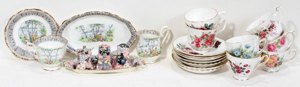 ENGLISH STAFFORDSHIRE TEA CUPS & SAUCERS: ENGLISH STAFFORDSHIRE TEA CUPS & SAUCERS (8 SETS), & ROYAL WINTON 'QUILT' CONDIMENT SET:Plus Royal Winton condiment set [salt, pepper and mustard on tray] also one tray, L 8" and one creamer by Royal