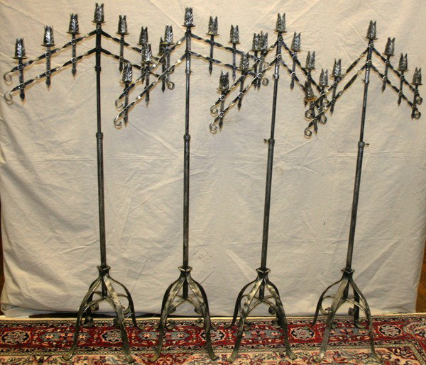 WROUGHT IRON FLOOR STYLE CANDLE HOLDERS, FOUR,: WROUGHT IRON FLOOR STYLE CANDLE HOLDERS, FOUR, H 55", W 27":Seven lights each.