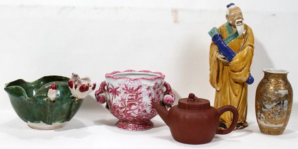 CHINESE & JAPANESE CERAMICS, EARLY-MID 20TH C.,: CHINESE & JAPANESE CERAMICS, EARLY-MID 20TH C., FIVE PIECES:Chinese includes 1 redware teapot, H.4 3/4", 1 glazed lotus bowl, H.6 1/4", W.10 3/4", 1 jardinière, H.5 3/4", W.8 1/2", and 1 mud figure o