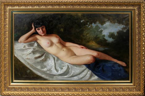 MARIA SZANTHO, OIL ON CANVAS, 31" X 52",: MARIA SZANTHO, OIL ON CANVAS, 31" X 52", RECLINING FEMALE NUDE: HUNGARIAN 1897-1998:Signed lower left; gilt period frame.