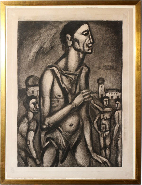 GEORGES ROUAULT AQUATINT, 24" X 18" (PLATE): GEORGES ROUAULT (FRENCH, 1871-1958), AQUATINT, 24" X 18" (PLATE):Image depicts four men, in garments that lightly clad their bodies. No apparent signature. Under glass and framed. From the Estate of D