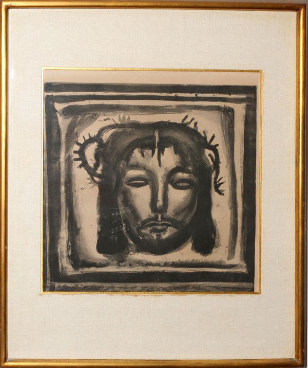 GEORGES ROUAULT AQUATINT, 16" X 16 3/4" (IMAGE): GEORGES ROUAULT (FRENCH, FRENCH, 1871-1958), AQUATINT, 16" X 16 3/4" (IMAGE), HEAD OF CHRIST:Image is of the head of Christ crowned with thorns. No apparent signature. Under glass, matted and framed.