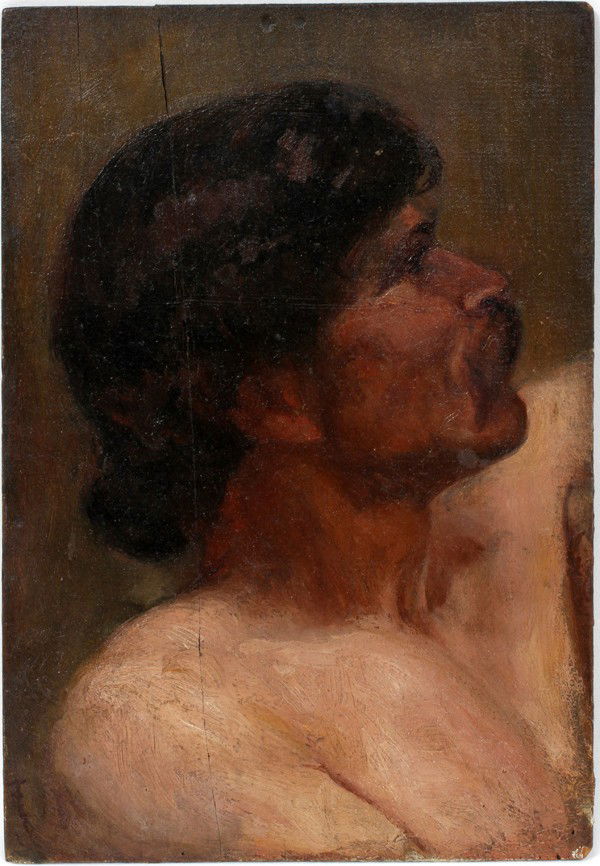 IN THE MANNER OF THOMAS EAKINS, OIL ON PANEL,: IN THE MANNER OF THOMAS EAKINS, OIL ON WOOD PANEL, 10" X 7", PROFILE OF A MAN:Unsigned; unframed