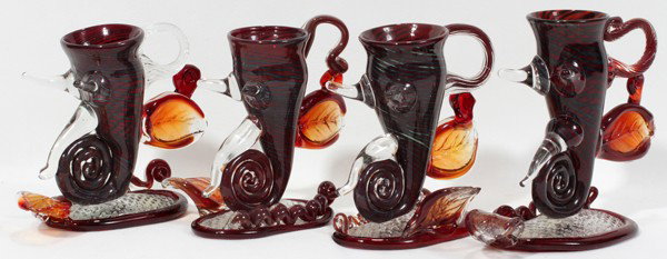 FRITZ DREISBACH ART GLASS GROUPING, 4 SNAIL & : FRITZ DREISBACH (AMERICAN B. 1941), ART GLASS GROUPING, 4 SNAIL & LEAF FORM VASES, H 6", L 6" TO 8":Signed; clear to amber.