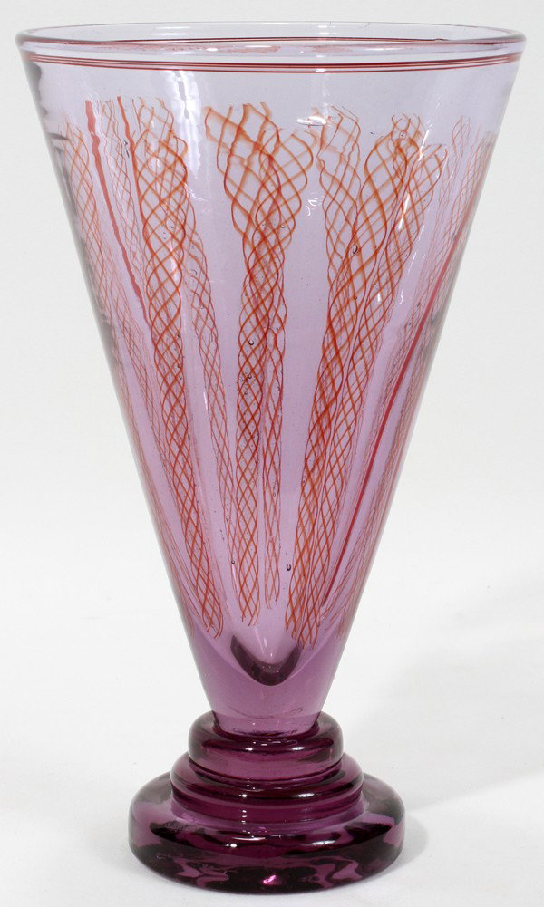 FRITZ DREISBACH, TRUMPET FORM ART GLASS VASE, : FRITZ DREISBACH, TRUMPET FORM ART GLASS VASE, H 9 1/2", DIA 5 1/2":Smoked with red spiral and linear decoration; base with rings; signed.