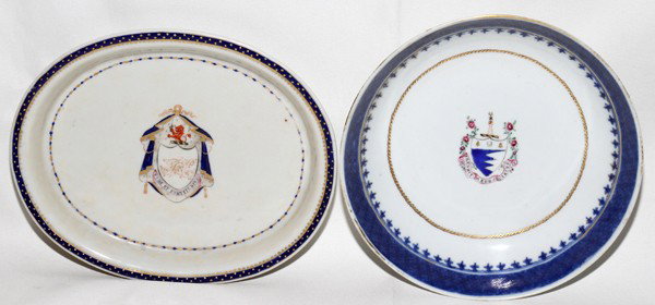 CHINESE EXPORT PORCELAIN ARMORIAL DISH & BOWL,: CHINESE EXPORT PORCELAIN ARMORIAL DISH & BOWL, C. 1800, L 7" (DISH):Including 1 oval dish with a cobalt and gold dot border at the rim and a coat of arms at the well that is marked with initials and "