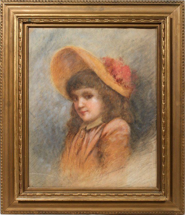 FRANKLIN TUTTLE PASTEL ON PAPER, 24" X 18",: FRANKLIN TUTTLE (AMERICAN, 1866 - 1919), PASTEL ON PAPER, 24" X 18", GIRL IN STRAW HAT:Signed lower right. Framed.