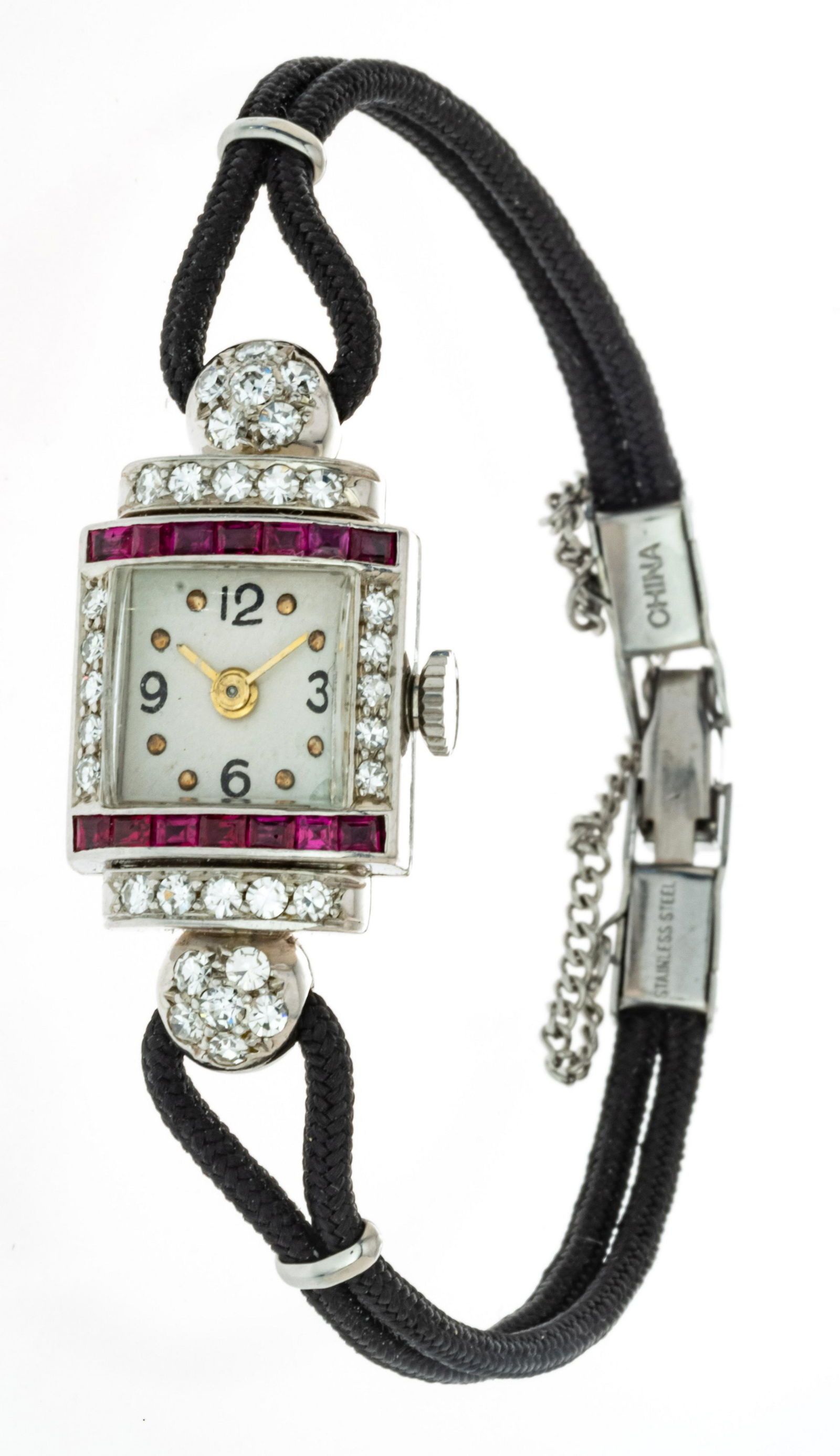 CRESARROW WATCH CO., LADIES RUBY, DIAMOND & PLATINUM WRIST WATCH, C 1920: CRESARROW WATCH CO., LADIES RUBY, DIAMOND & PLATINUM WRIST WATCH, C 1920 Consisting of 1-platinum case, having 32-single cut diamonds weighing approximately 75/100 carats total VS1 clarity, G-H color,