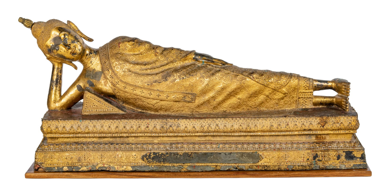 THAI GILT BRONZE RECLINING BUDDHA 19TH C.,  H 18" L 40" D 11" TEMPLE SIZE (1 of 4)