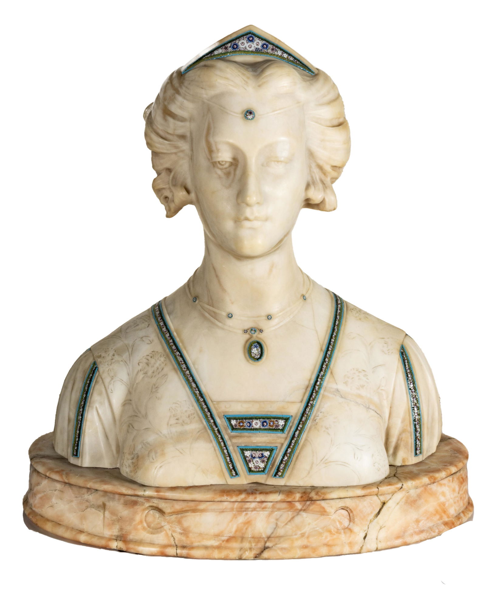 ITALIAN CARVED MARBLE & MICROMOSAIC BUST, 19TH C, H 22", W 21", RENAISSANCE BEAUTY (1 of 10)