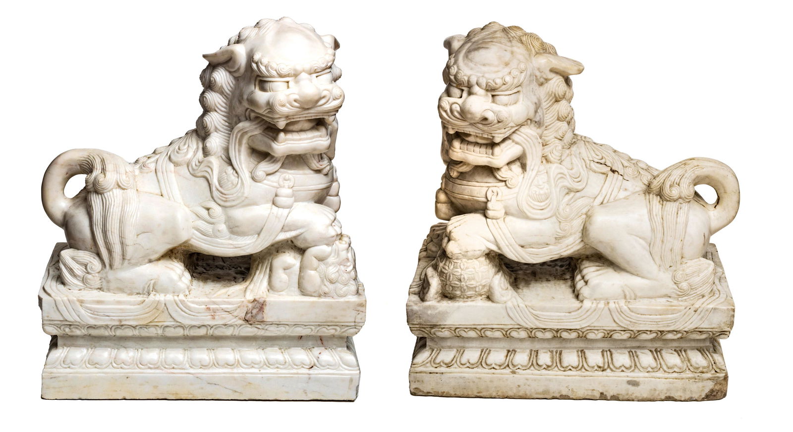 CHINESE CARVED MARBLE IMPERIAL LIONS, PAIR, H 24", L 21.5" (1 of 8)