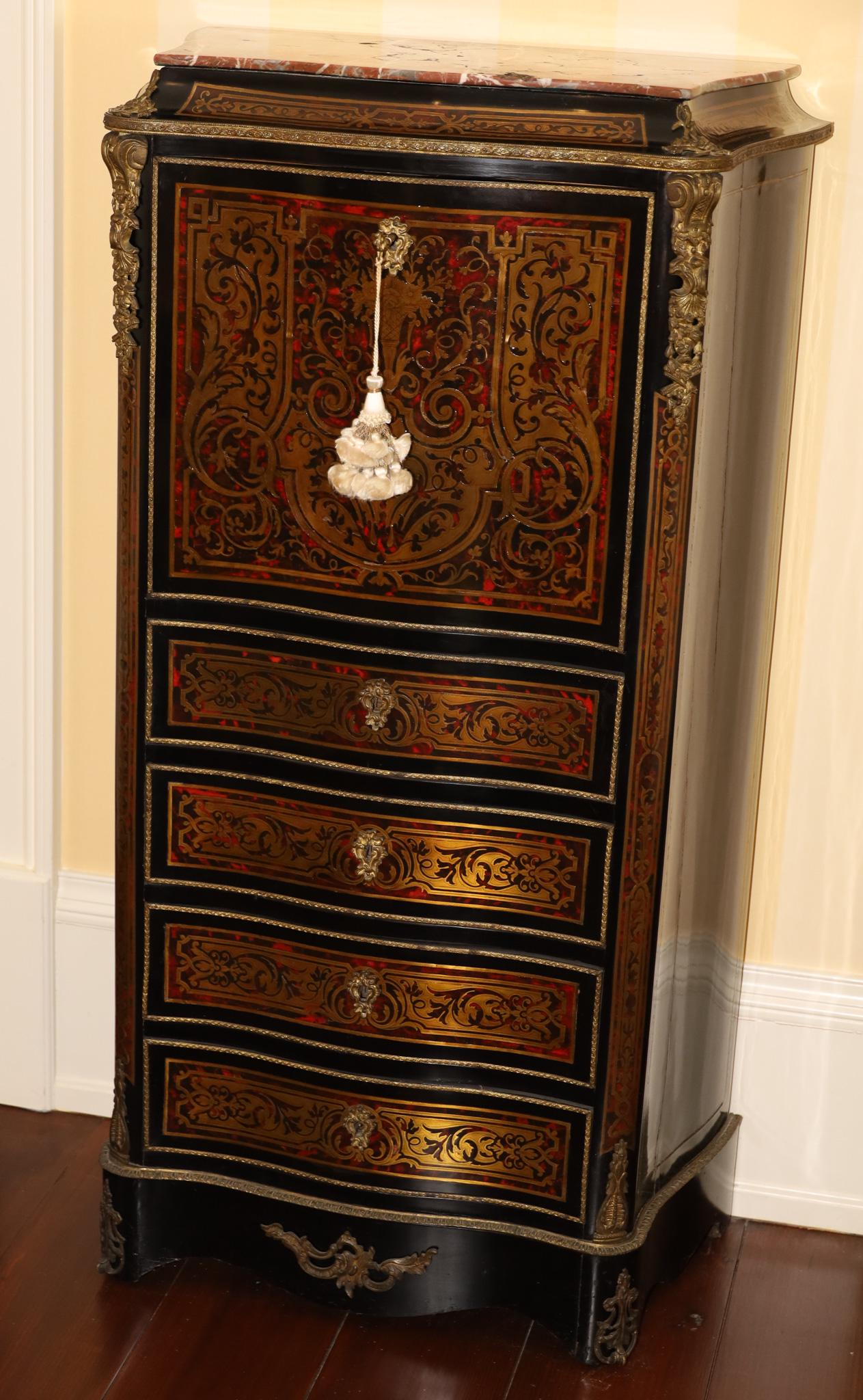 FRENCH BOULLE MARBLE TOP DROP FRONT SECRETARY, 19TH C. , H 48.75", L 26", D 13.25" (1 of 8)