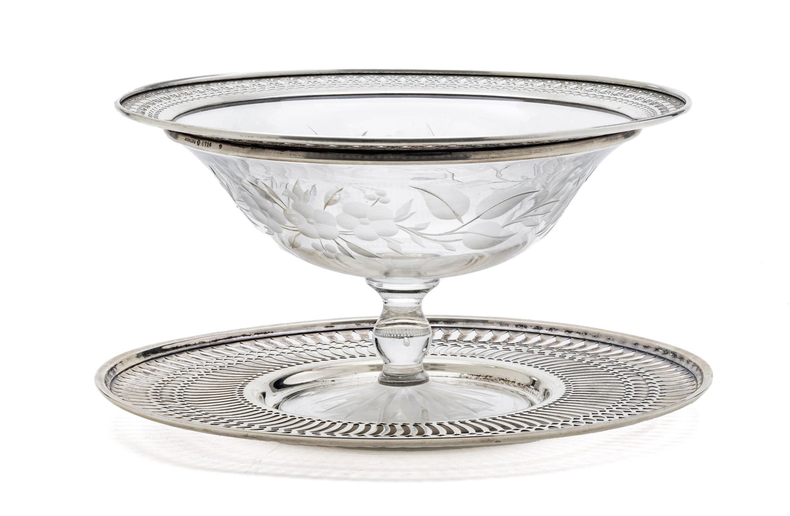 STERLING SILVER 10" TRAY & CRYSTAL COMPOTE, STERLING RIM DIA 9"10", T.W. 7.81 TOZ (1 of 4)
