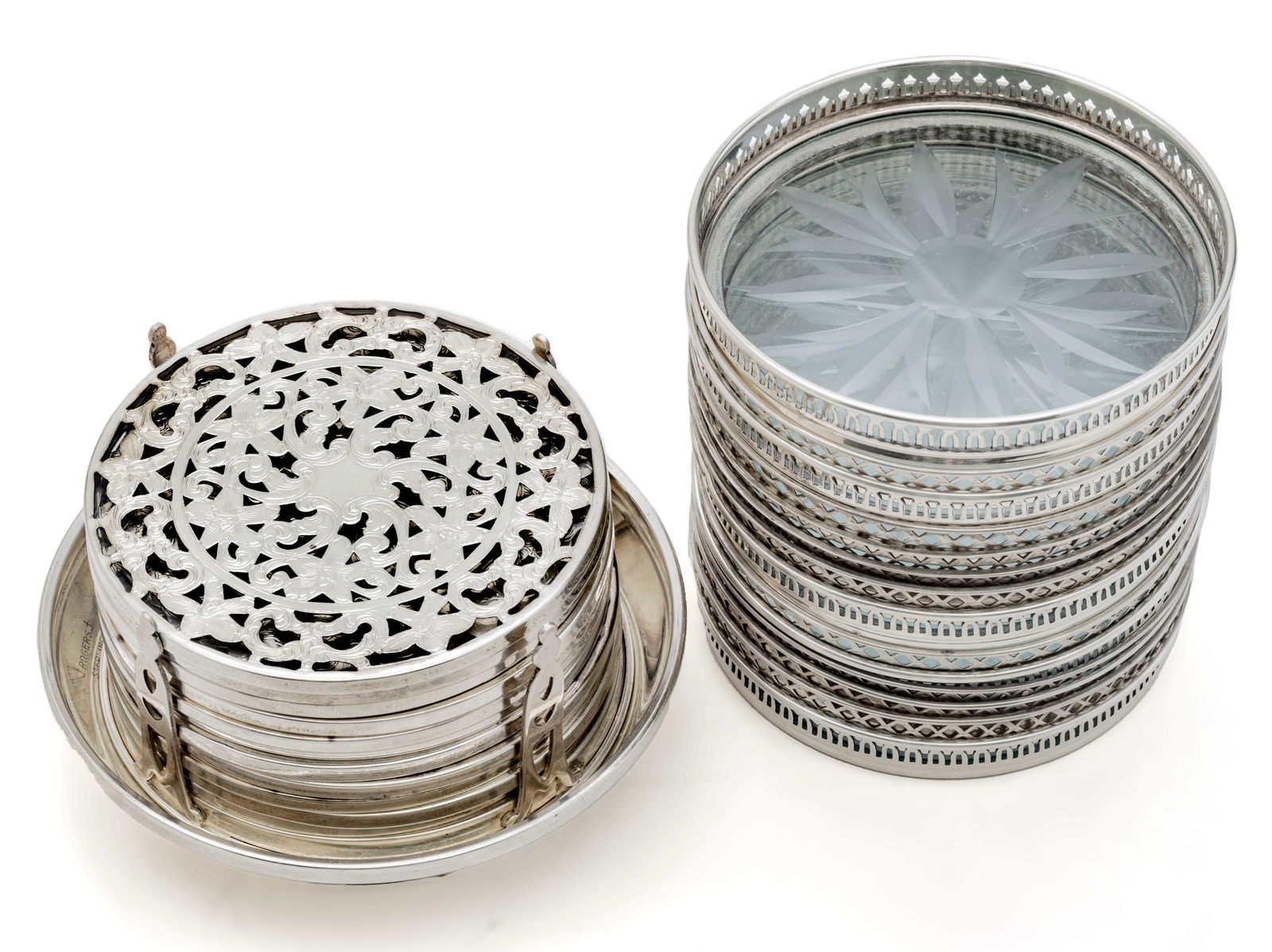 STERLING SILVER AND CRYSTAL COASTERS, SET OF 11 & SET OF 14 (1 of 3)