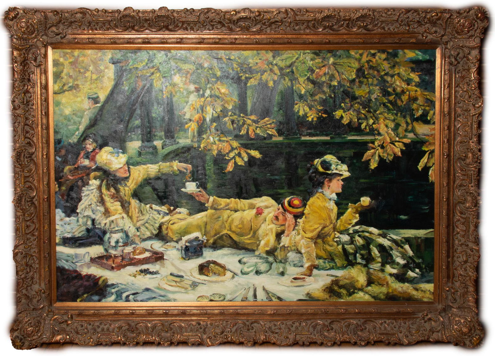SIGNED,  OIL ON CANVAS, LARGE SCALE H 5'3" L 7'3" "LE DEJEUNER", LUNCHEON ON THE GRASS (1 of 5)