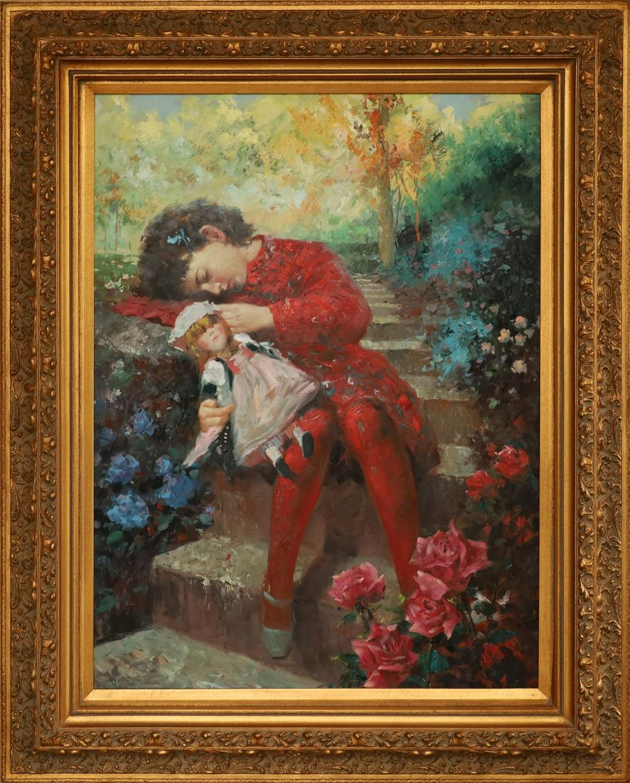 OIL ON CANVAS, H 40", W 30", SLEEPING CHILD WITH DOLL (1 of 3)