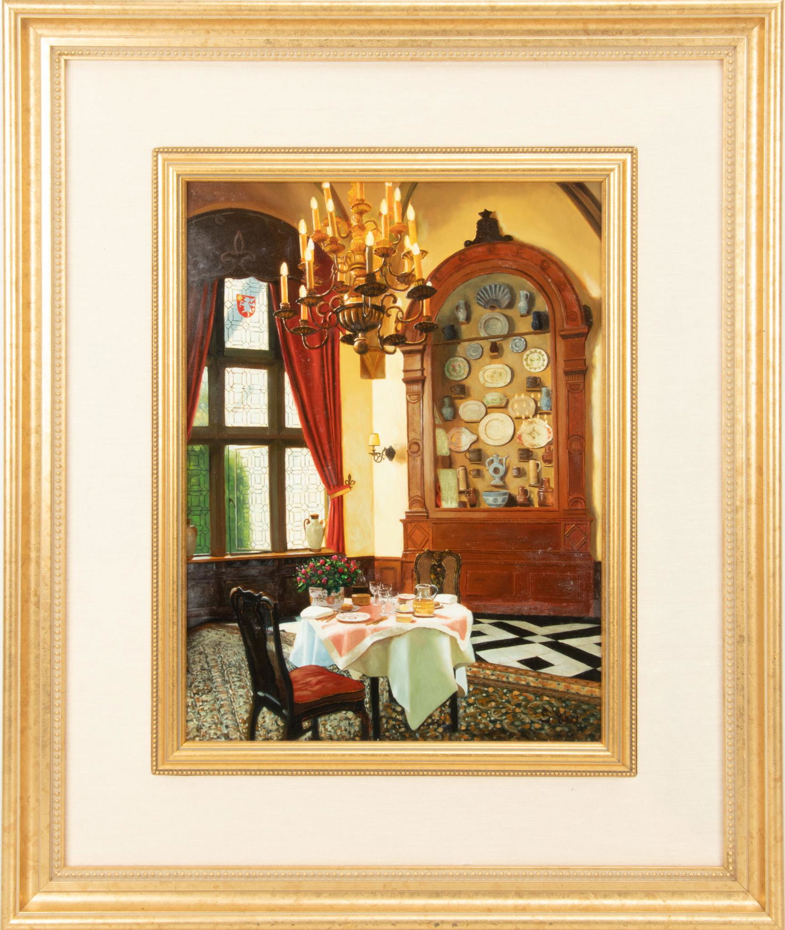 S. LEE, OIL ON PANEL, H 16", W 12", CHINA CABINET, TEA TABLE (1 of 4)
