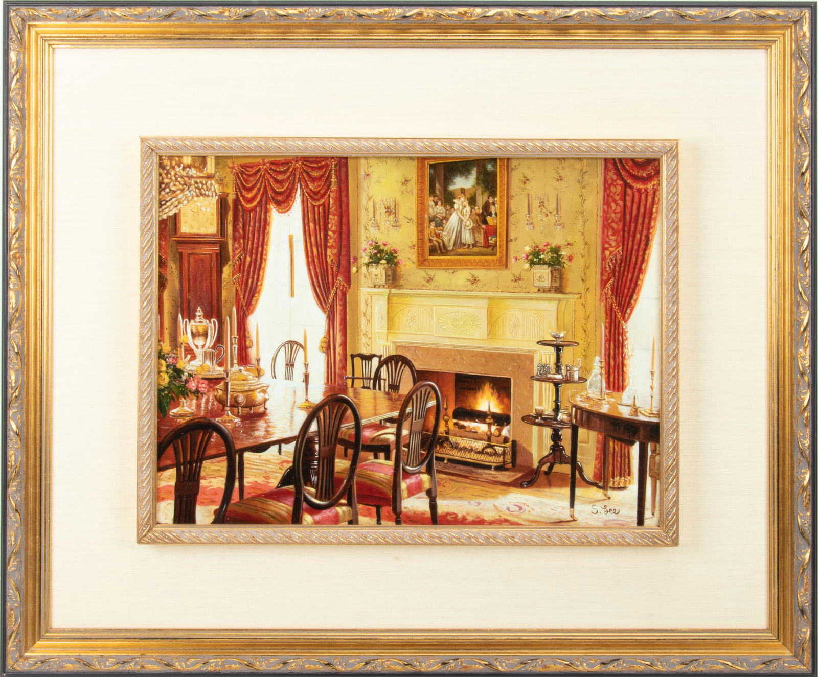 S. LEE, OIL ON PANEL, H 12", W 16", DINING ROOM SCENE (1 of 4)
