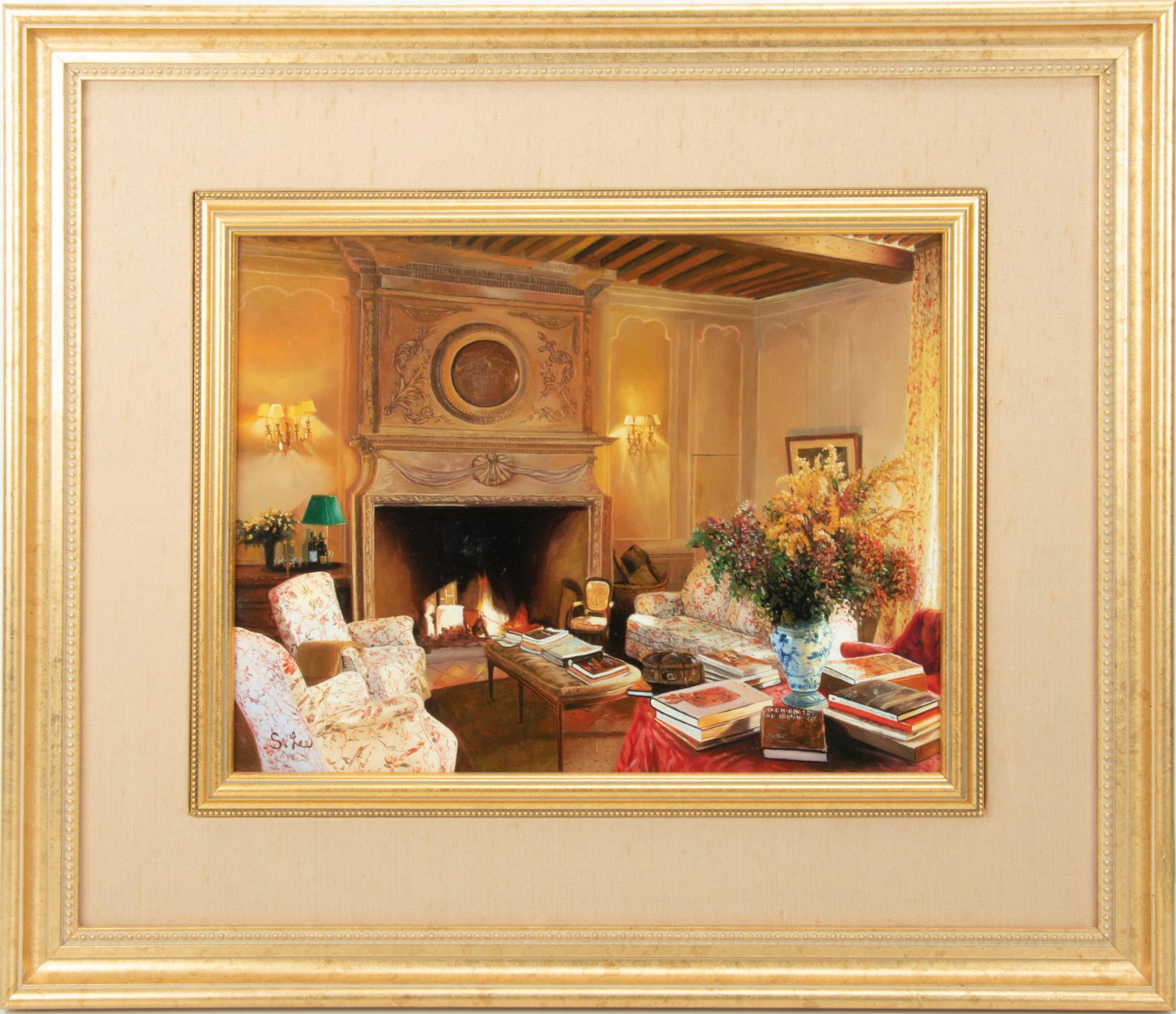 S. LEE, OIL ON WOOD PANEL, H 12", W 16", FIREPLACE, SOFA, CHAIR: S. LEE, OIL ON WOOD PANEL, H 12", W 16", FIREPLACE, SOFA, CHAIR Frame measures H 21" x L 25". Purchased from Hermitage Gallery, Rochester, Mich.From Pebble Beach, Rochester Hills, Mich.