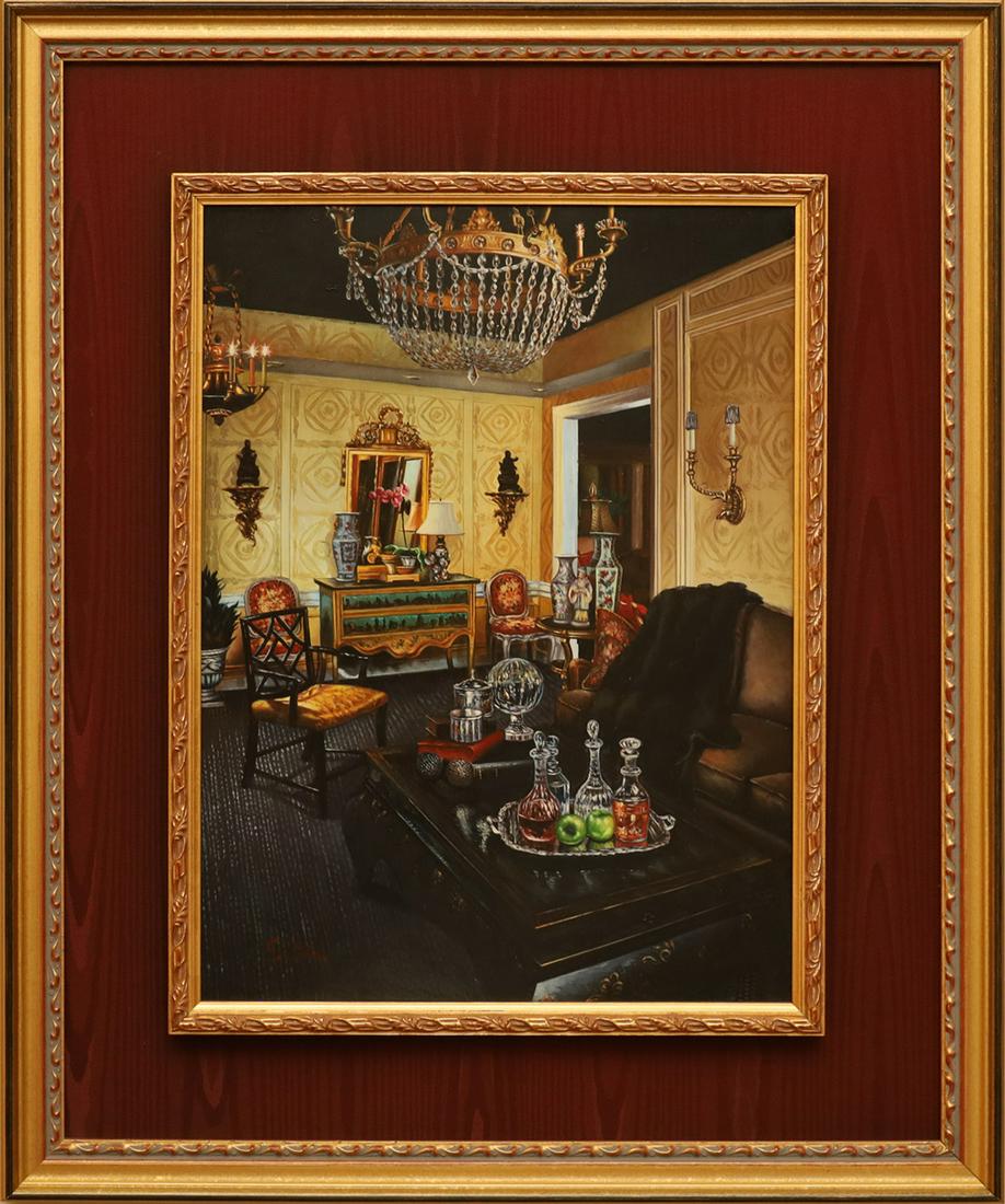 S. LEE, OIL ON PANEL, H 16", W 11.5", SITTING ROOM INTERIOR (1 of 4)