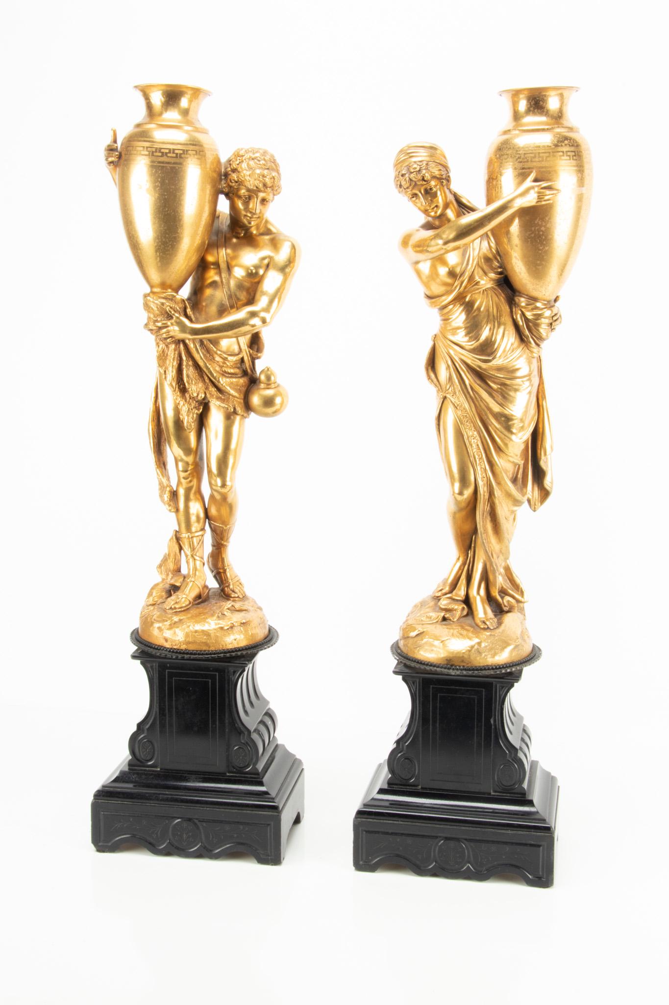 GILDED METAL FIGURES ON MARBLE BASES, PAIR, H 26.5", W 6.5", GREEK WATER CARRIERS (1 of 5)